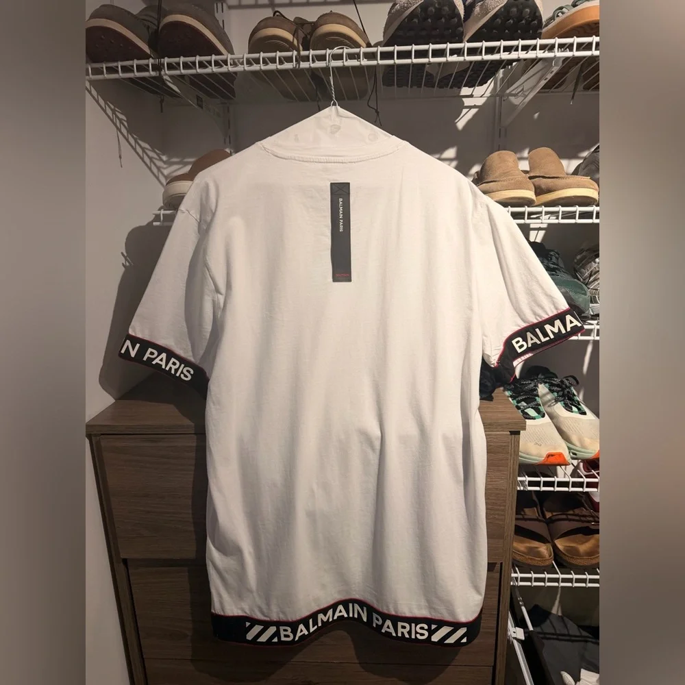 NWT Balmain White Tee with Black and Red Accents - Picture 2 of 4